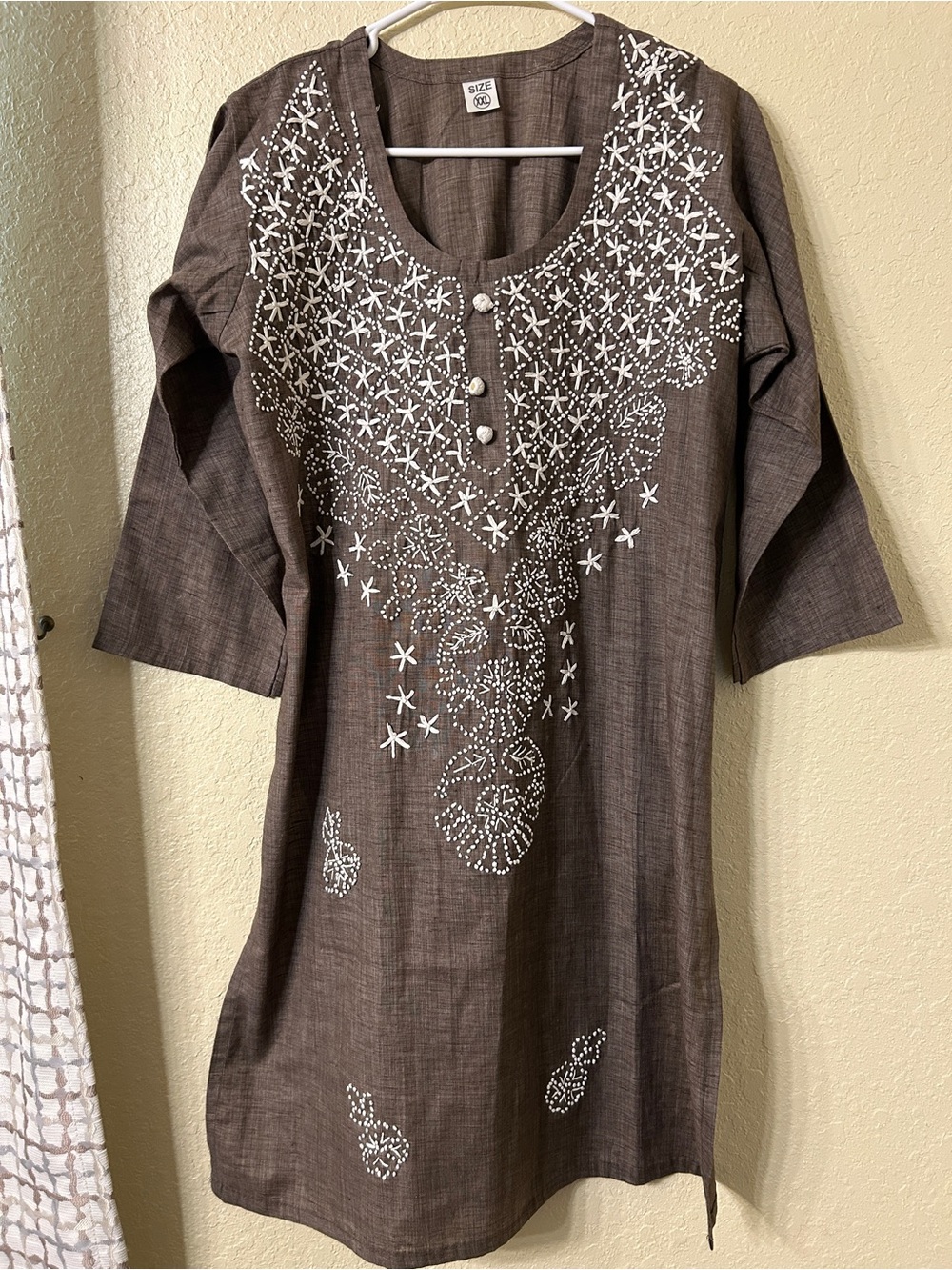 Brown Cotton Linen Kurti Tunic Top XXL White Boho Embroidered Plus Size EUC-L54